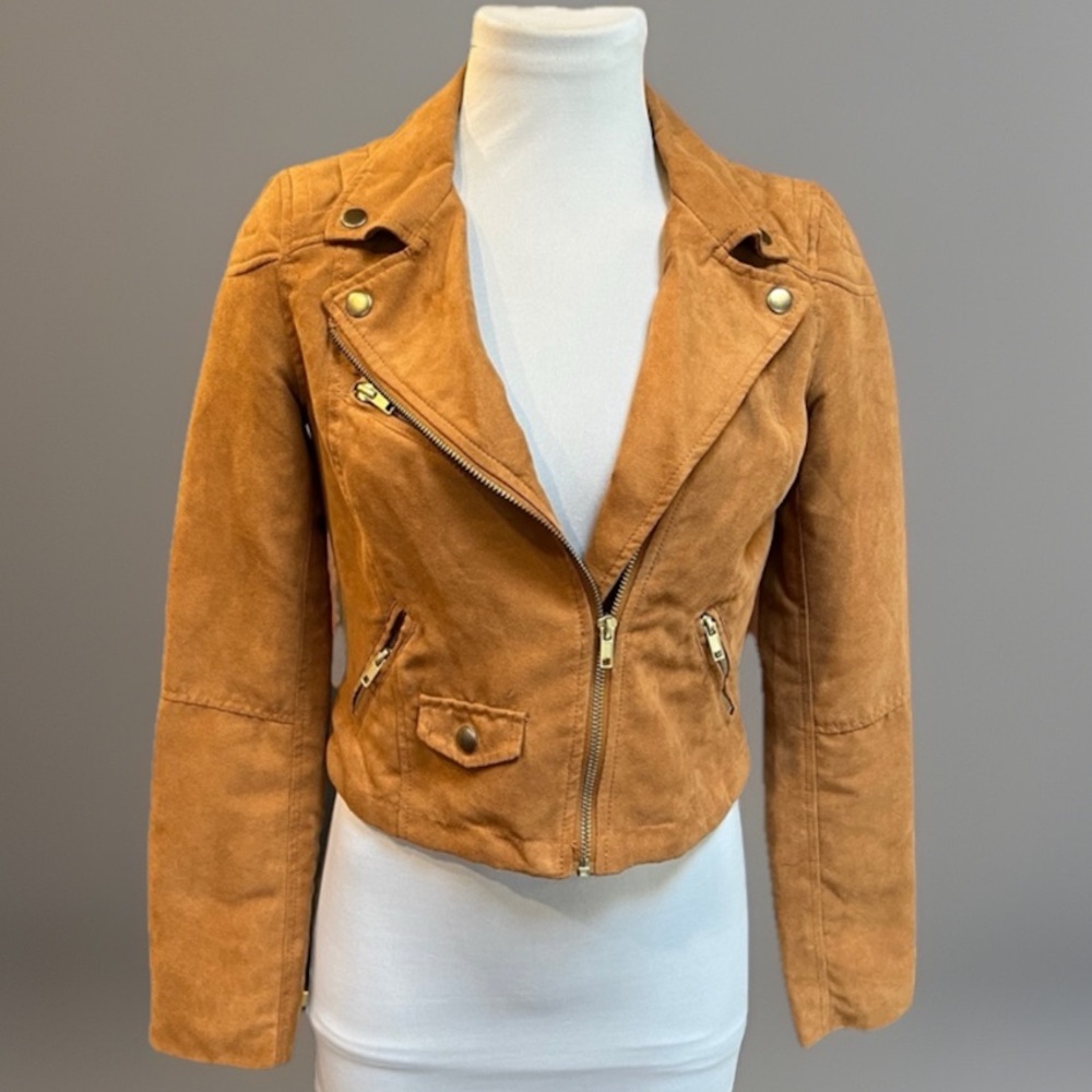 Women's Tan Faux Suede Cropped Moto Jacket